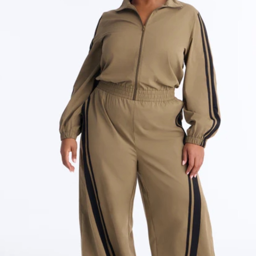 Women's Tan Jumpsuit with Black Stripes
